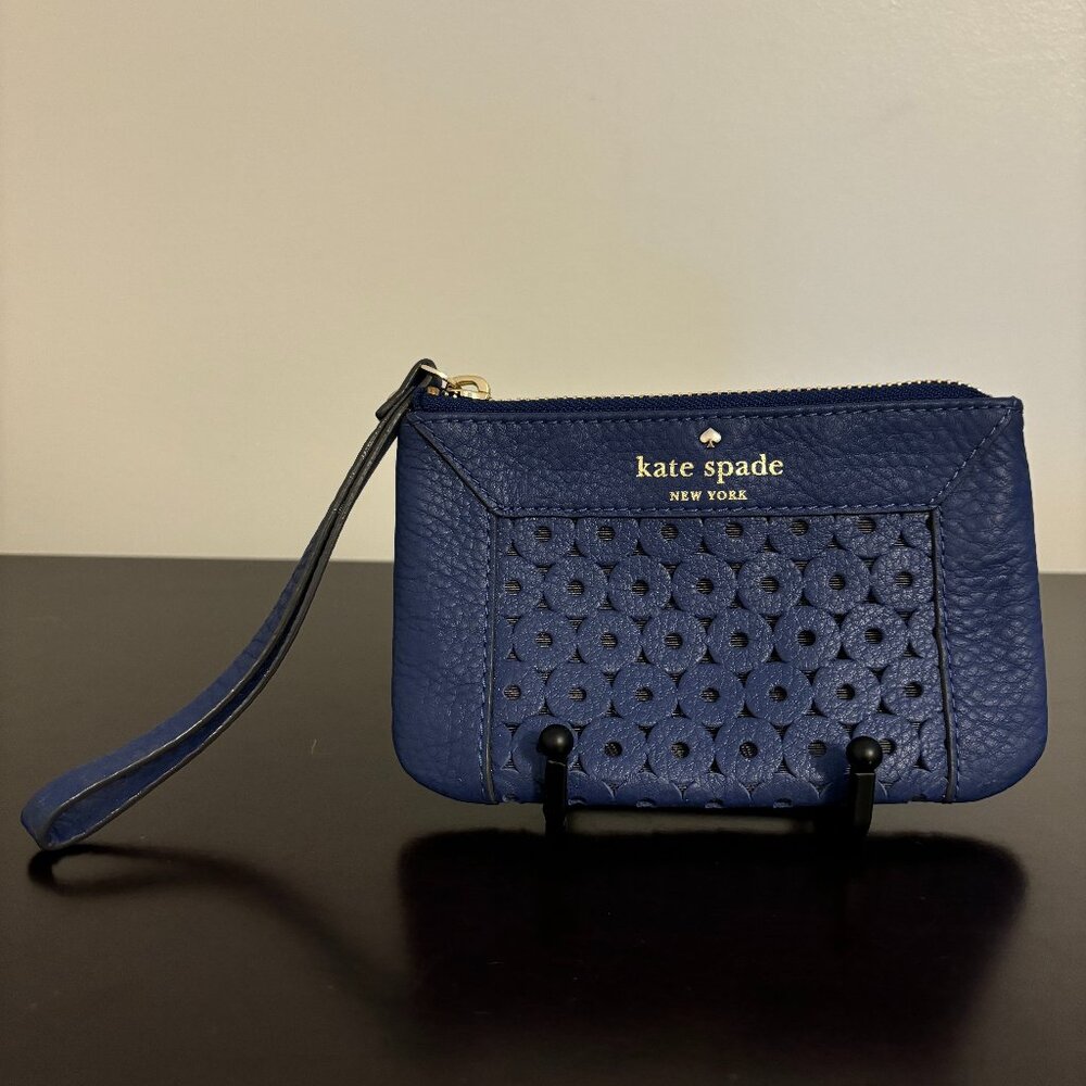Kate Spade Mercer Isle Bee Blue Leather Perforated Circles Wristlet